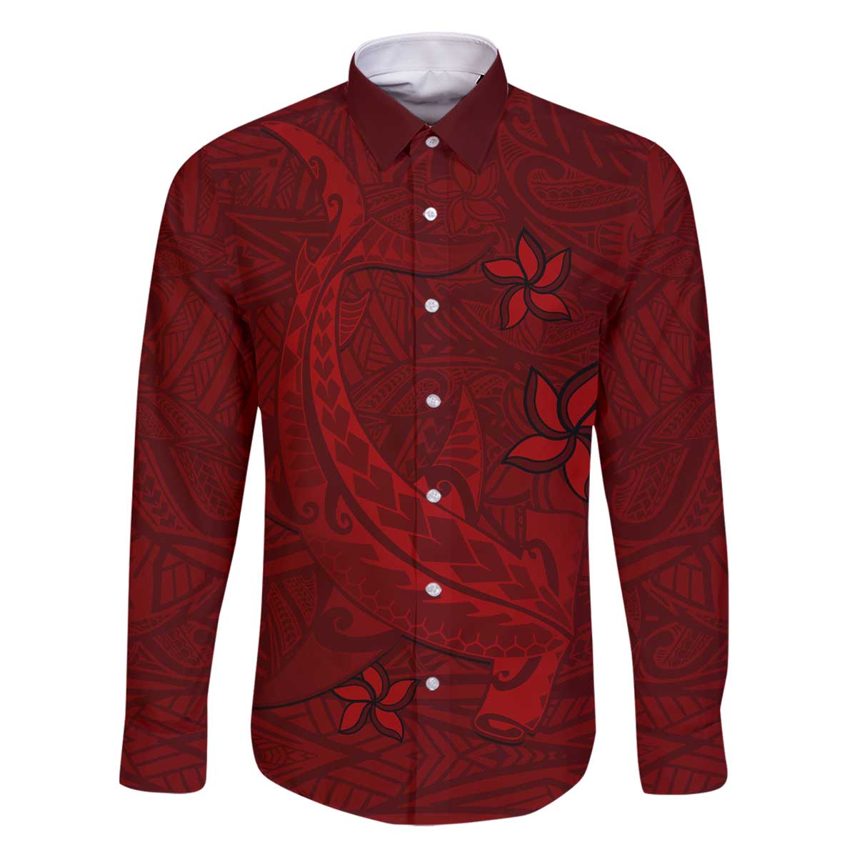 Oxblood Polynesia Family Matching Off The Shoulder Long Sleeve Dress and Hawaiian Shirt Hawaiian Tribal Hammerhead Shark Tattoo LT14 Dad's Shirt - Long Sleeve Oxblood - Polynesian Pride