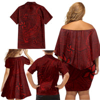 Oxblood Polynesia Family Matching Off Shoulder Short Dress and Hawaiian Shirt Hawaiian Tribal Hammerhead Shark Tattoo LT14 - Polynesian Pride