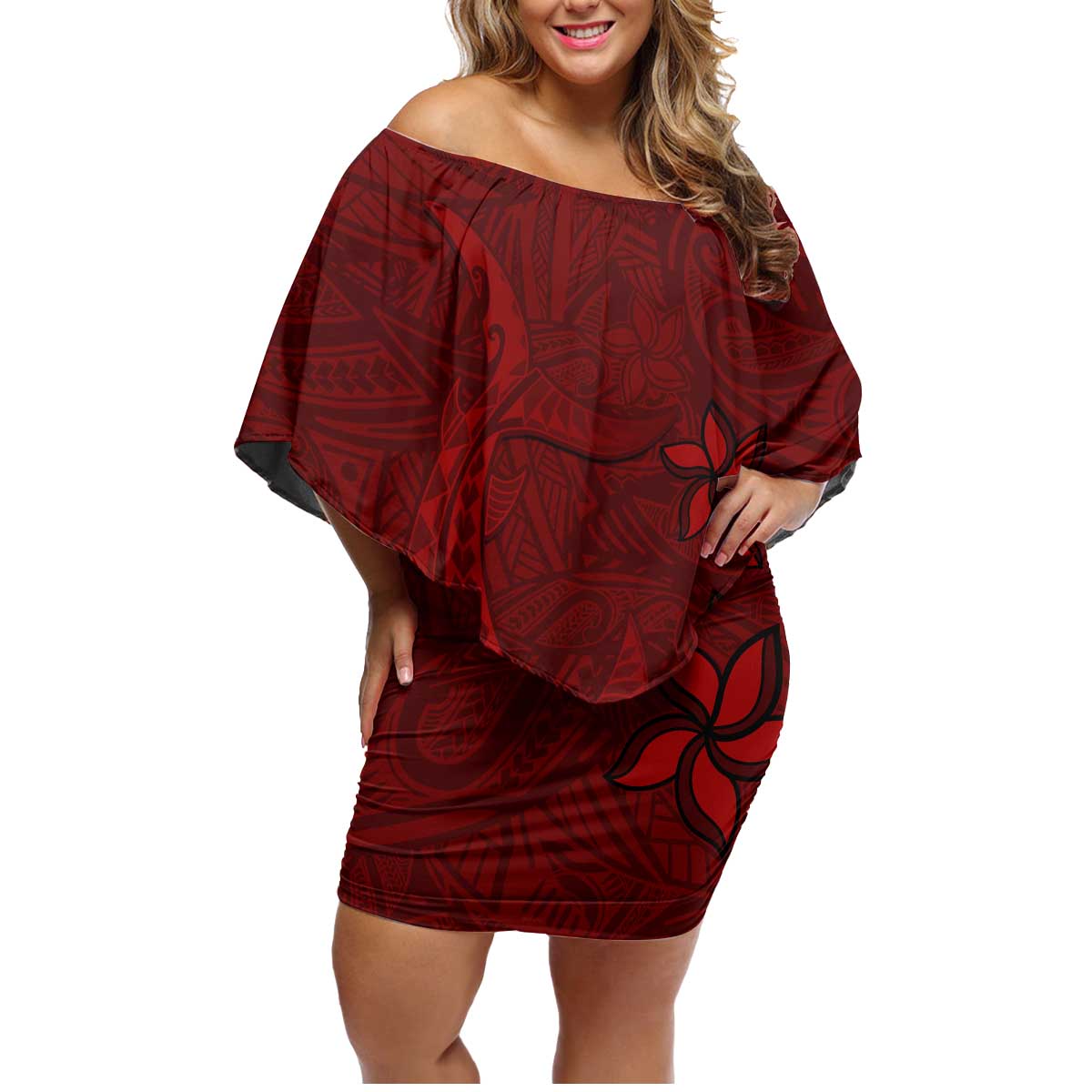Oxblood Polynesia Family Matching Off Shoulder Short Dress and Hawaiian Shirt Hawaiian Tribal Hammerhead Shark Tattoo LT14 Mom's Dress Oxblood - Polynesian Pride