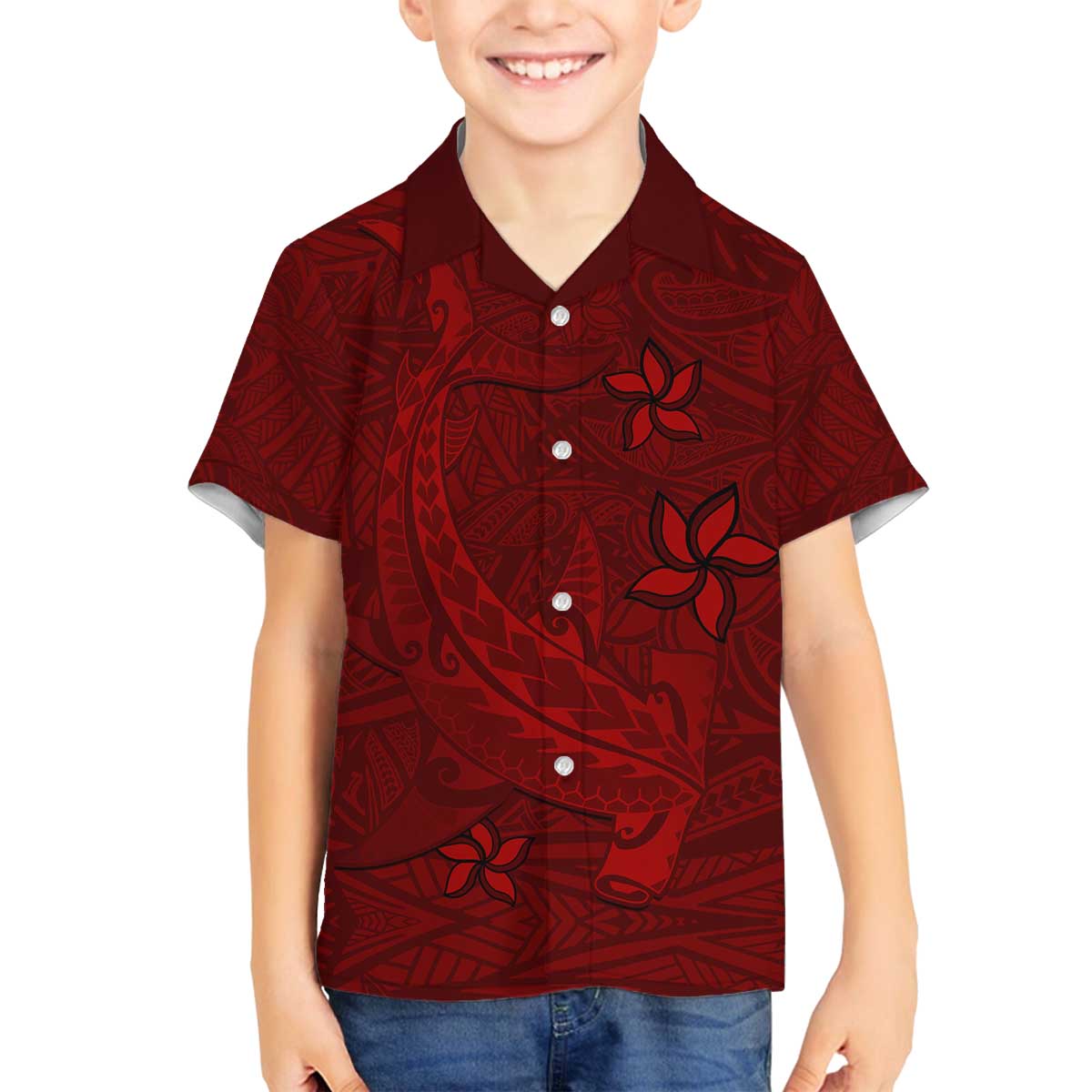 Oxblood Polynesia Family Matching Off Shoulder Short Dress and Hawaiian Shirt Hawaiian Tribal Hammerhead Shark Tattoo LT14 Son's Shirt Oxblood - Polynesian Pride