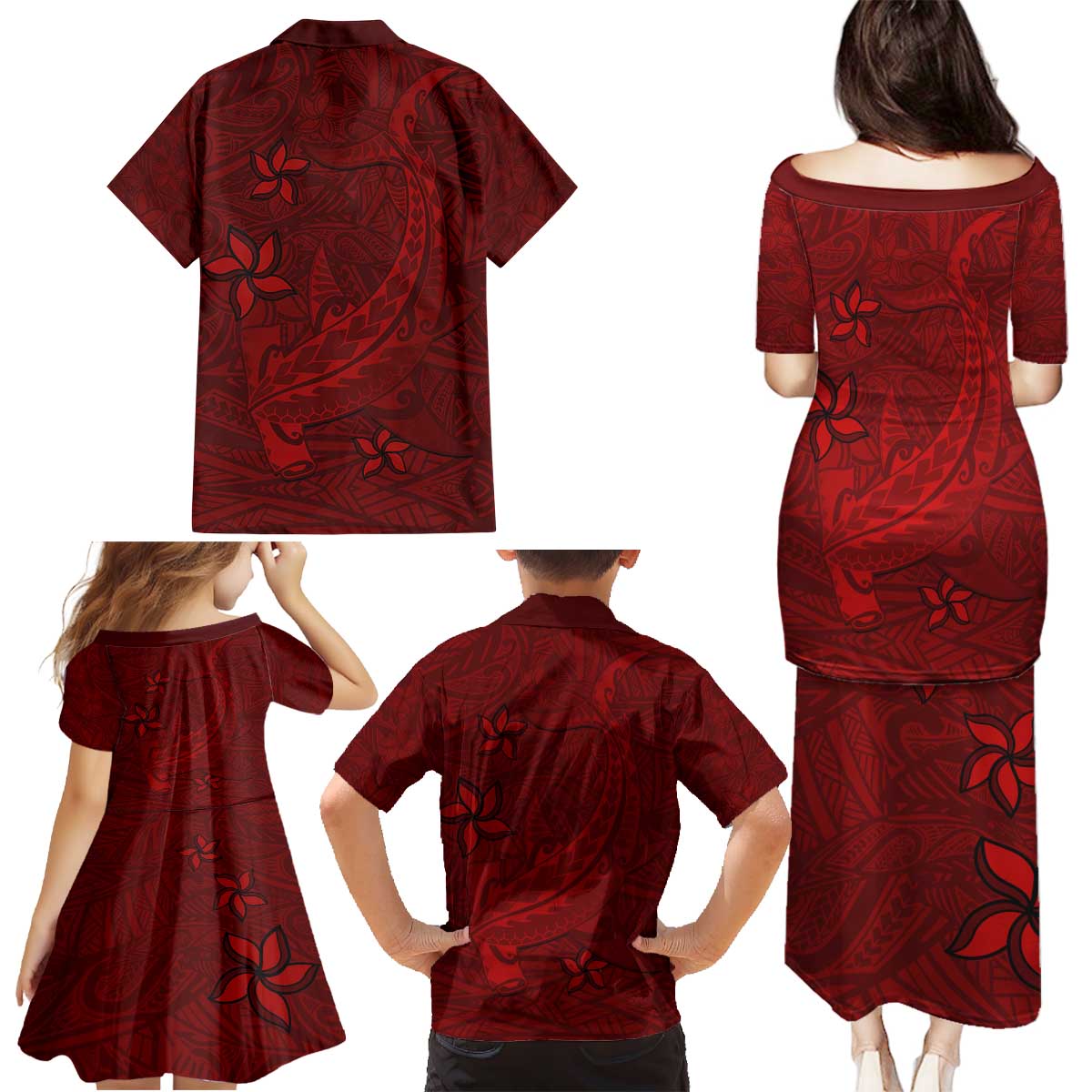 Oxblood Polynesia Family Matching Puletasi and Hawaiian Shirt Hawaiian Tribal Hammerhead Shark Tattoo LT14 - Polynesian Pride