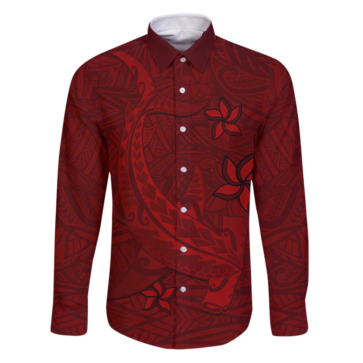 Oxblood Polynesia Family Matching Puletasi and Hawaiian Shirt Hawaiian Tribal Hammerhead Shark Tattoo LT14 Dad's Shirt - Long Sleeve Oxblood - Polynesian Pride