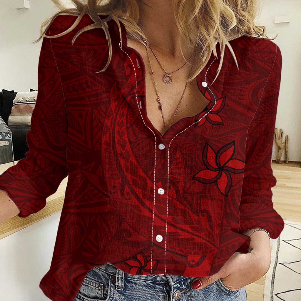 Oxblood Polynesia Women Casual Shirt Hawaiian Tribal Hammerhead Shark Tattoo