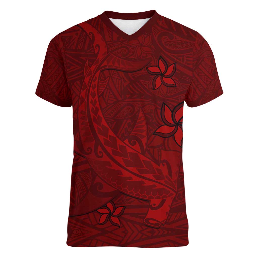 Oxblood Polynesia Women V-Neck T-Shirt Hawaiian Tribal Hammerhead Shark Tattoo