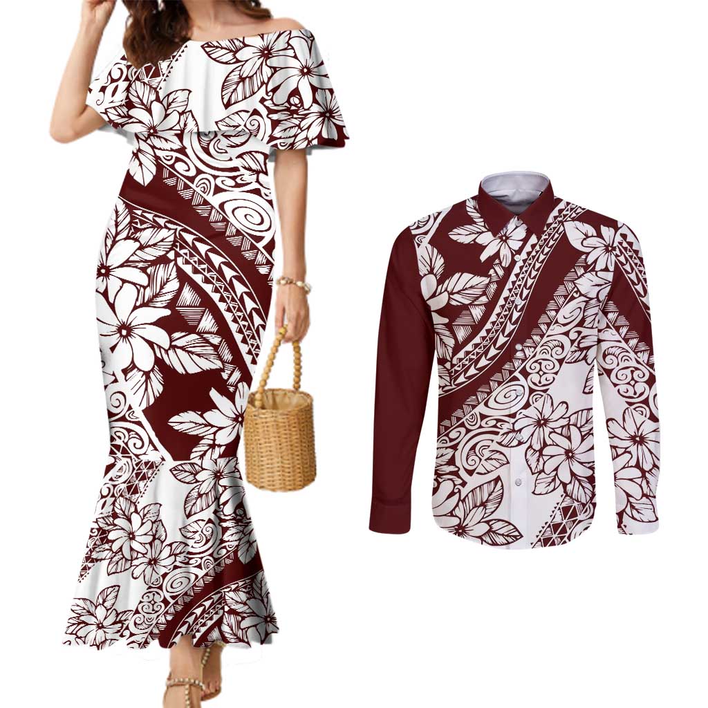 Polynesian Tropical Flowers Oxblood Color Couples Matching Mermaid Dress and Long Sleeve Button Shirt