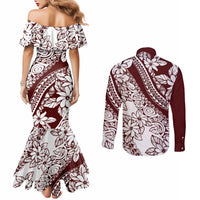 Polynesian Tropical Flowers Oxblood Color Couples Matching Mermaid Dress and Long Sleeve Button Shirt
