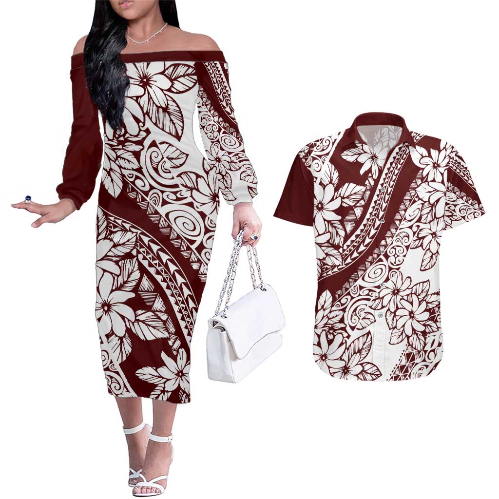 Polynesian Tropical Flowers Oxblood Color Couples Matching Off The Shoulder Long Sleeve Dress and Hawaiian Shirt