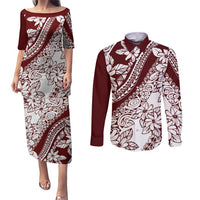 Polynesian Tropical Flowers Oxblood Color Couples Matching Puletasi and Long Sleeve Button Shirt