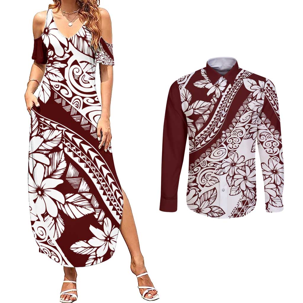 Polynesian Tropical Flowers Oxblood Color Couples Matching Summer Maxi Dress and Long Sleeve Button Shirt