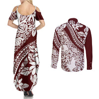 Polynesian Tropical Flowers Oxblood Color Couples Matching Summer Maxi Dress and Long Sleeve Button Shirt