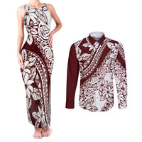 Polynesian Tropical Flowers Oxblood Color Couples Matching Tank Maxi Dress and Long Sleeve Button Shirt