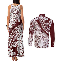 Polynesian Tropical Flowers Oxblood Color Couples Matching Tank Maxi Dress and Long Sleeve Button Shirt