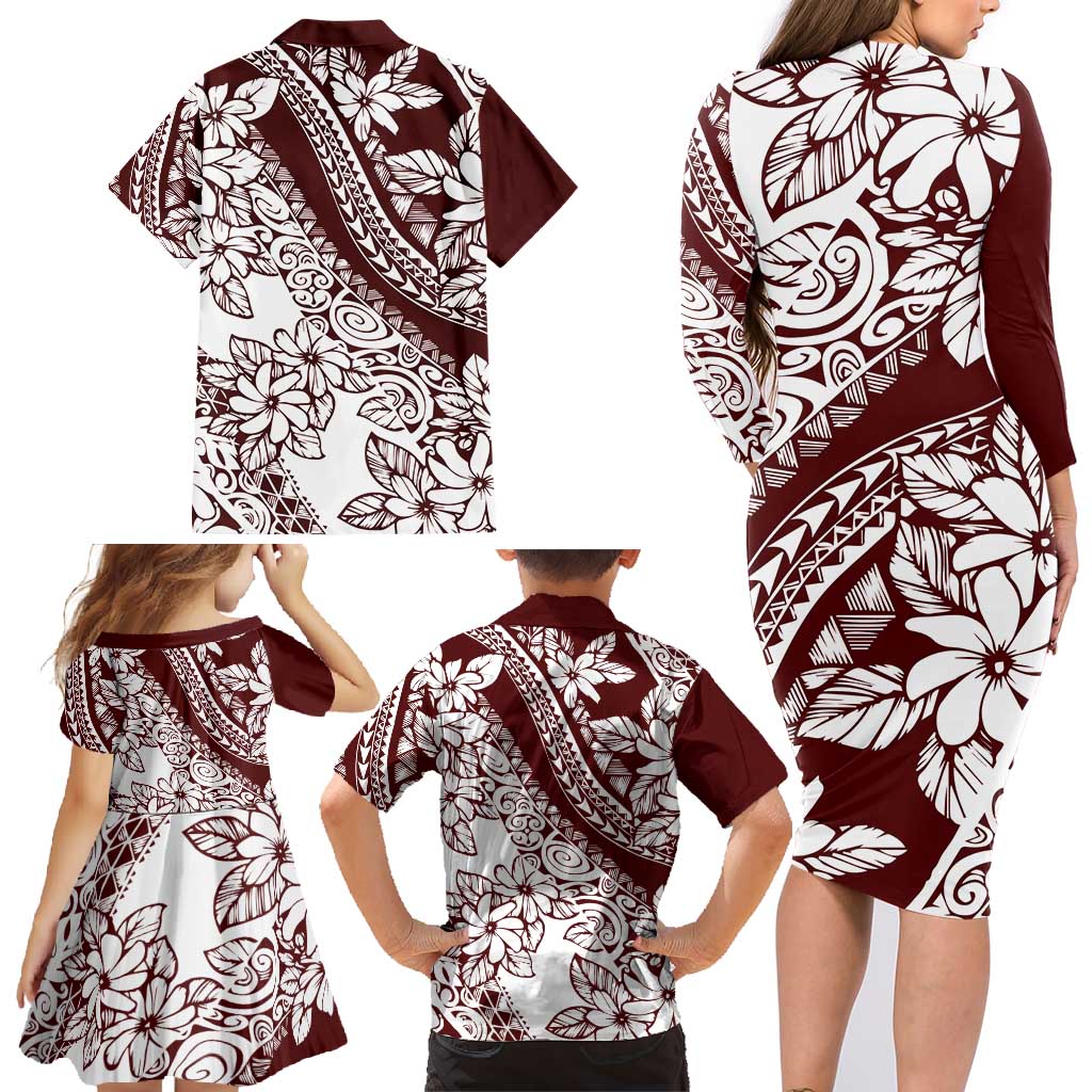 Polynesian Tropical Flowers Oxblood Color Family Matching Long Sleeve Bodycon Dress and Hawaiian Shirt LT14 - Polynesian Pride