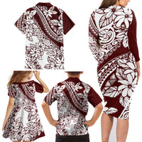 Polynesian Tropical Flowers Oxblood Color Family Matching Long Sleeve Bodycon Dress and Hawaiian Shirt LT14 - Polynesian Pride