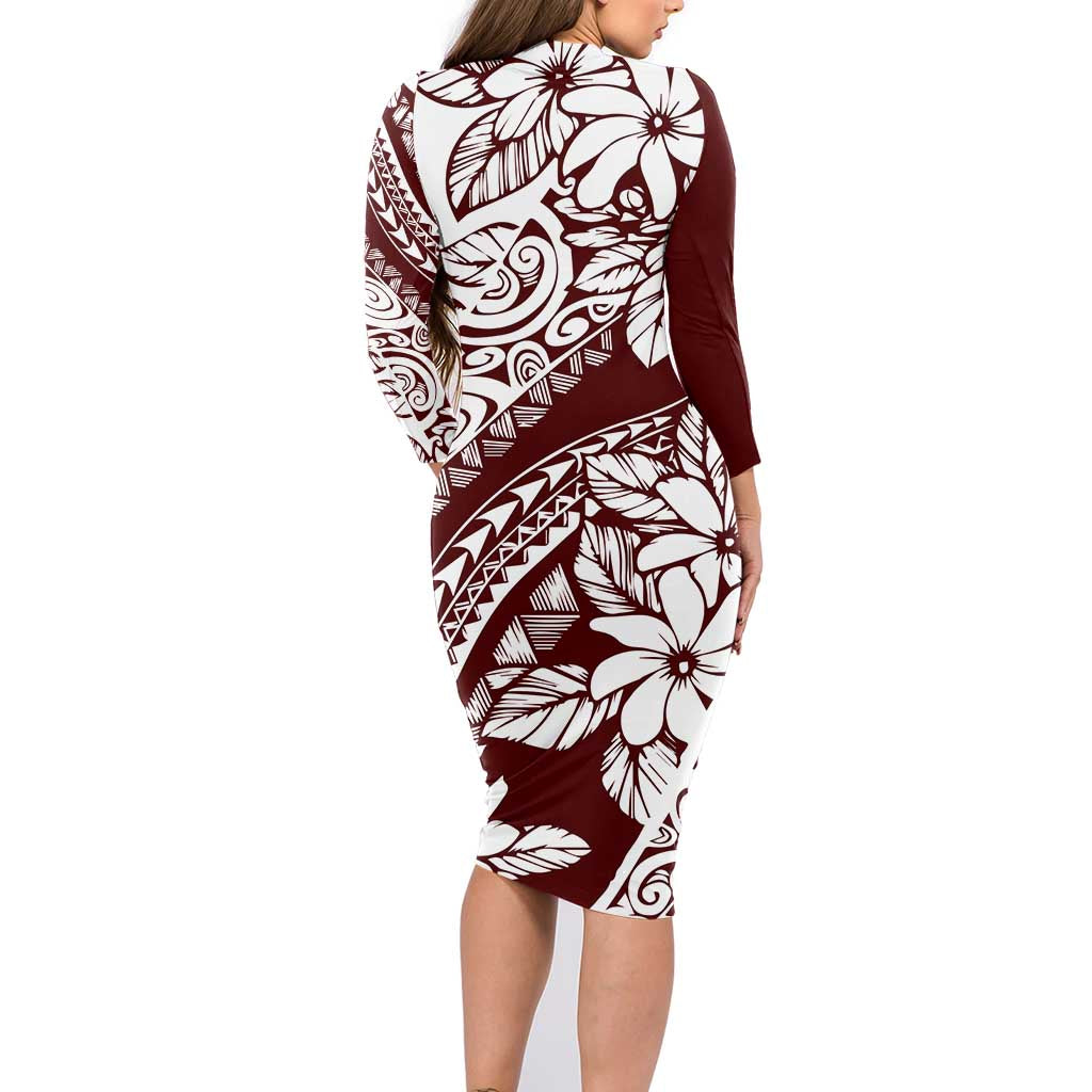 Polynesian Tropical Flowers Oxblood Color Family Matching Long Sleeve Bodycon Dress and Hawaiian Shirt LT14 - Polynesian Pride