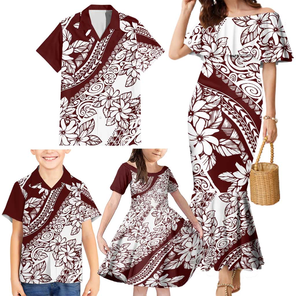 Polynesian Tropical Flowers Oxblood Color Family Matching Mermaid Dress and Hawaiian Shirt