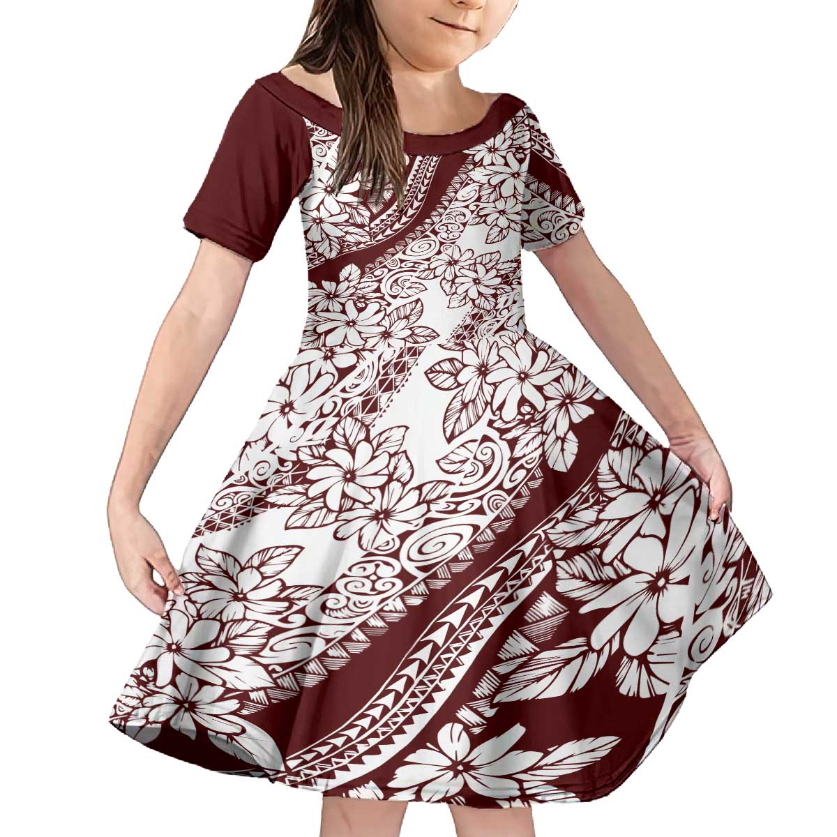 Polynesian Tropical Flowers Oxblood Color Family Matching Off The Shoulder Long Sleeve Dress and Hawaiian Shirt LT14 Daughter's Dress Oxblood - Polynesian Pride