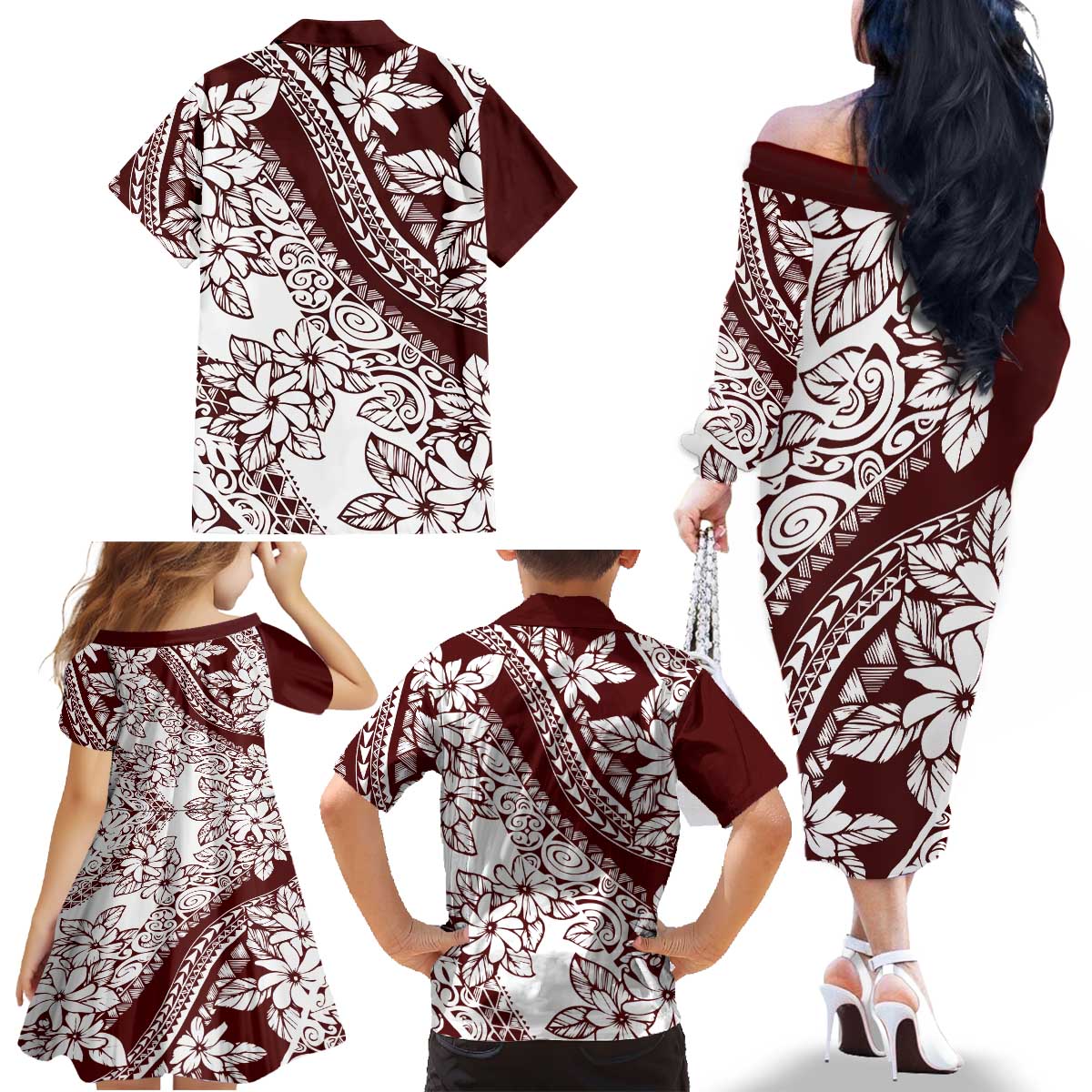 Polynesian Tropical Flowers Oxblood Color Family Matching Off The Shoulder Long Sleeve Dress and Hawaiian Shirt LT14 - Polynesian Pride