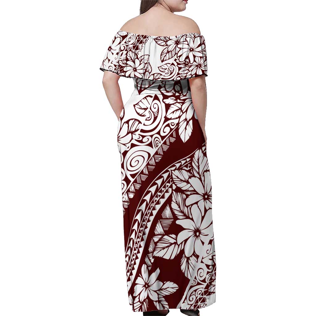 Polynesian Tropical Flowers Oxblood Color Family Matching Off Shoulder Maxi Dress and Hawaiian Shirt