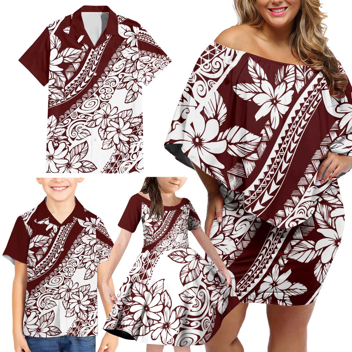 Polynesian Tropical Flowers Oxblood Color Family Matching Off Shoulder Short Dress and Hawaiian Shirt LT14 - Polynesian Pride