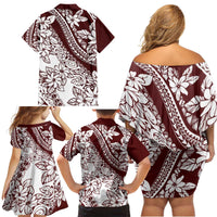 Polynesian Tropical Flowers Oxblood Color Family Matching Off Shoulder Short Dress and Hawaiian Shirt LT14 - Polynesian Pride