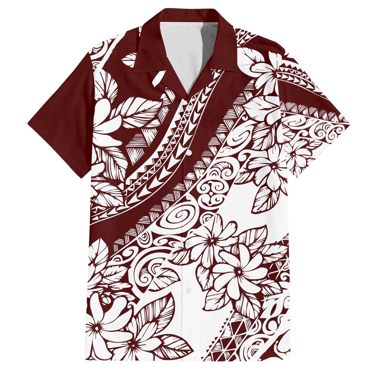 Polynesian Tropical Flowers Oxblood Color Family Matching Off Shoulder Short Dress and Hawaiian Shirt LT14 Dad's Shirt - Short Sleeve Oxblood - Polynesian Pride