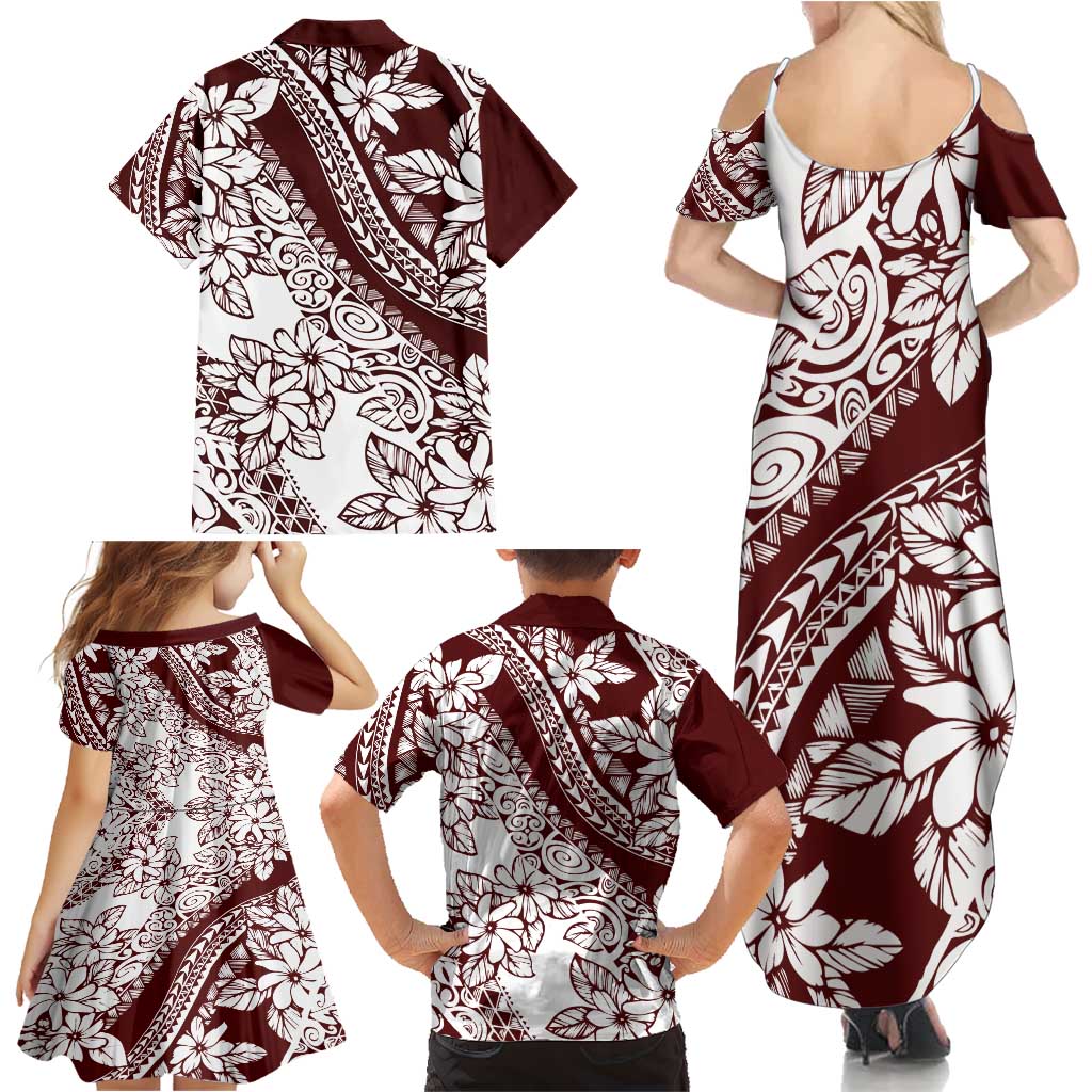 Polynesian Tropical Flowers Oxblood Color Family Matching Summer Maxi Dress and Hawaiian Shirt