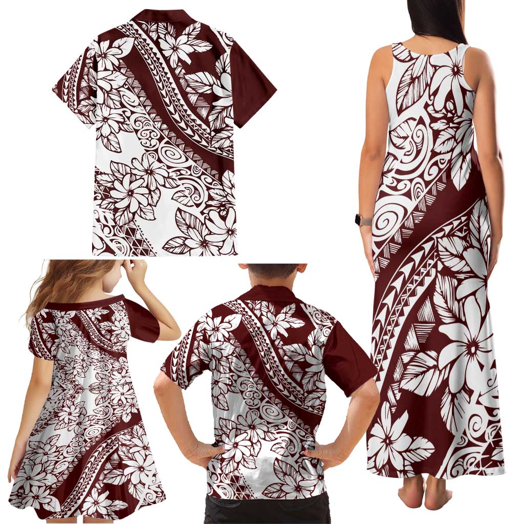 Polynesian Tropical Flowers Oxblood Color Family Matching Tank Maxi Dress and Hawaiian Shirt LT14 - Polynesian Pride