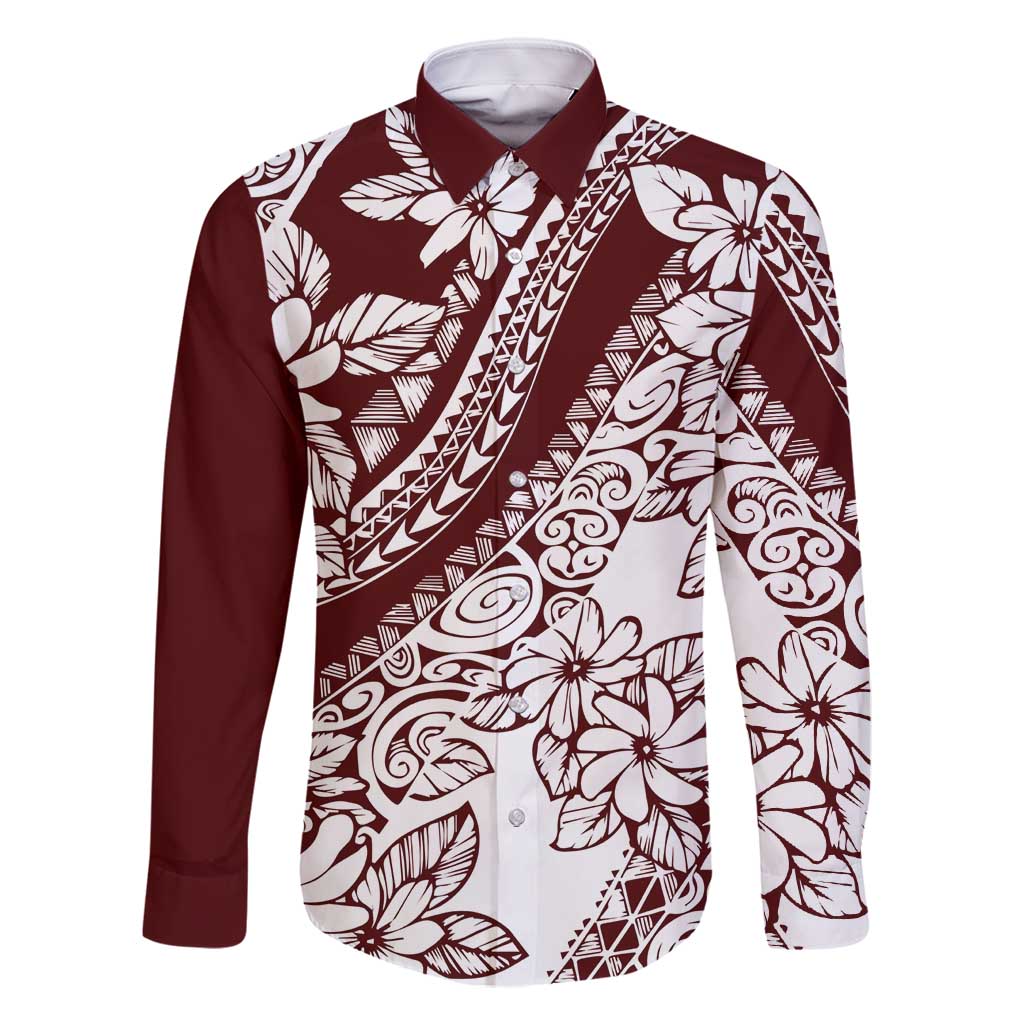 Polynesian Tropical Flowers Oxblood Color Family Matching Tank Maxi Dress and Hawaiian Shirt LT14 Dad's Shirt - Long Sleeve Oxblood - Polynesian Pride