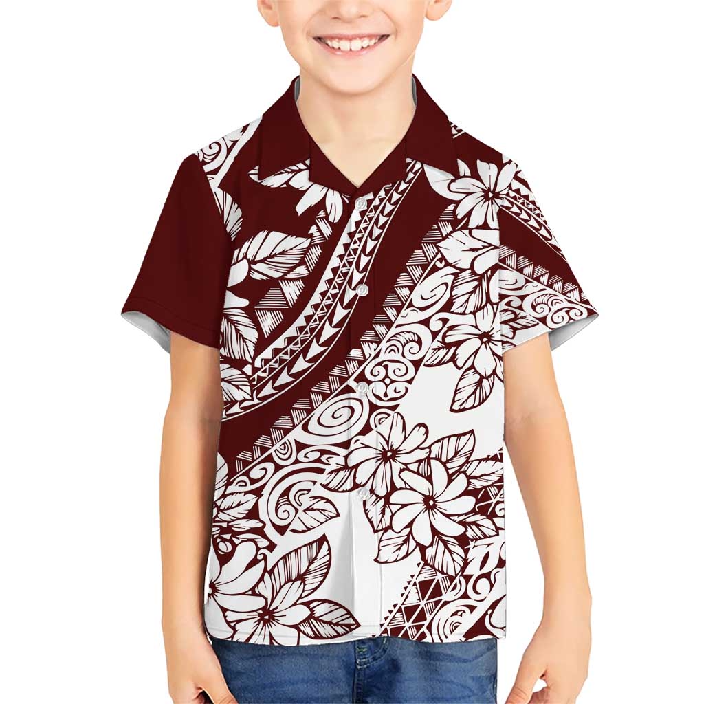 Polynesian Tropical Flowers Oxblood Color Kid Hawaiian Shirt