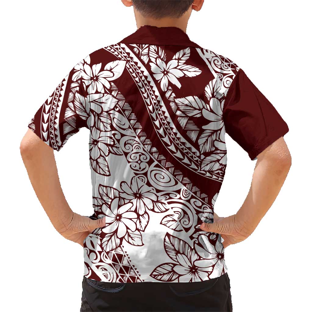 Polynesian Tropical Flowers Oxblood Color Kid Hawaiian Shirt