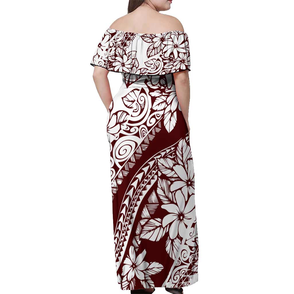Polynesian Tropical Flowers Oxblood Color Off Shoulder Maxi Dress