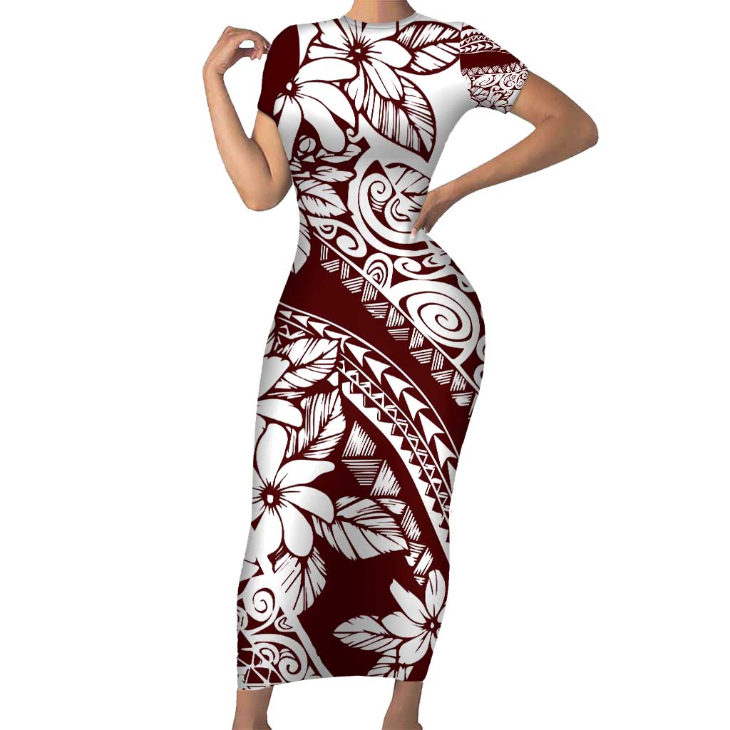 Polynesian Tropical Flowers Oxblood Color Short Sleeve Bodycon Dress LT14 Long Dress Oxblood - Polynesian Pride