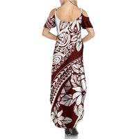 Polynesian Tropical Flowers Oxblood Color Summer Maxi Dress