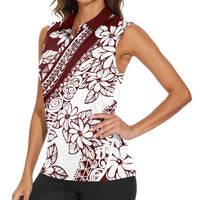 Polynesian Tropical Flowers Oxblood Color Women Sleeveless Polo Shirt