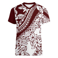 Polynesian Tropical Flowers Oxblood Color Women V-Neck T-Shirt