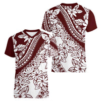 Polynesian Tropical Flowers Oxblood Color Women V-Neck T-Shirt