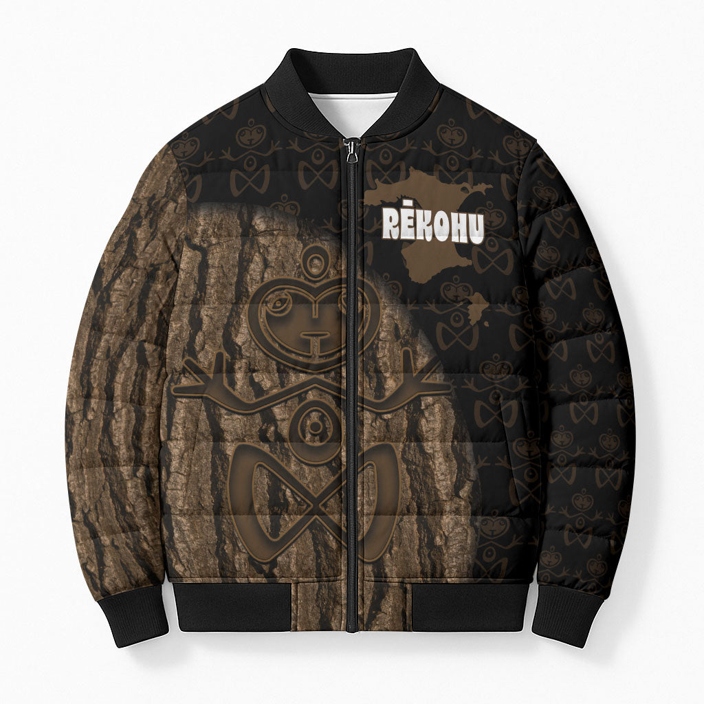 Moriori Kekoru New Zealand Personalised Bomber Puffer Jacket Kopi Rakau Carving Chatham Islands Map LT14 Unisex Black - Polynesian Pride