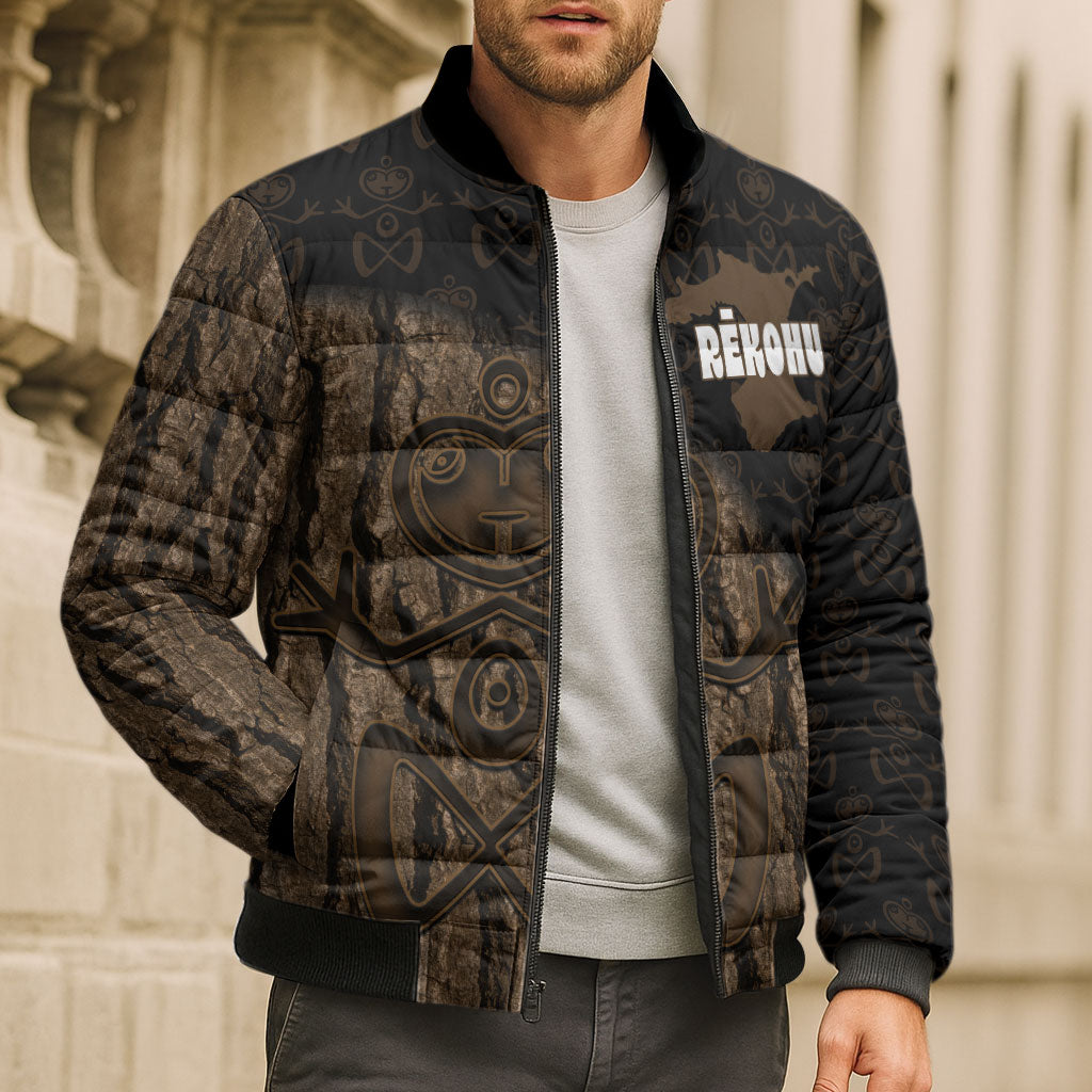 Moriori Kekoru New Zealand Personalised Bomber Puffer Jacket Kopi Rakau Carving Chatham Islands Map LT14 - Polynesian Pride