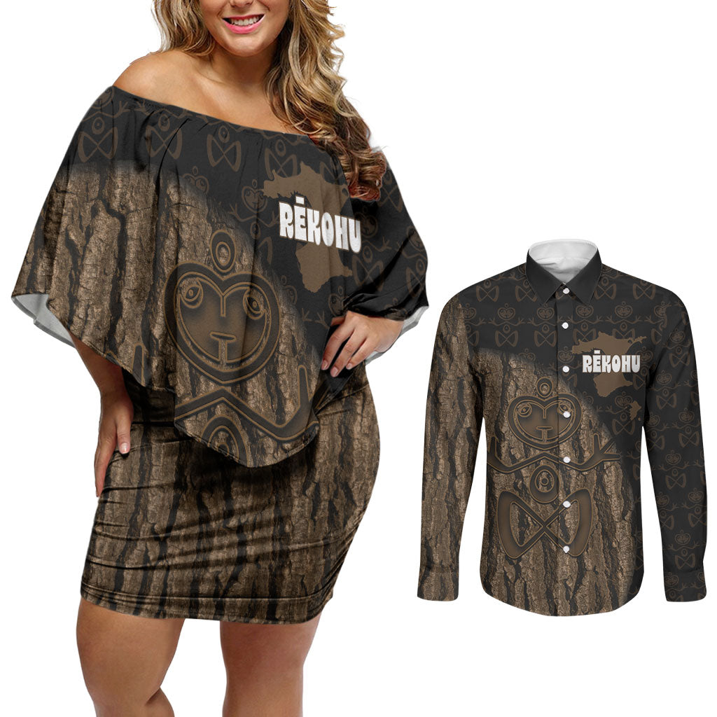 Moriori Kekoru New Zealand Personalised Couples Matching Off Shoulder Short Dress and Long Sleeve Button Shirt Kopi Rakau Carving Chatham Islands Map LT14 Black - Polynesian Pride