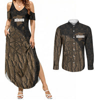 Moriori Kekoru New Zealand Personalised Couples Matching Summer Maxi Dress and Long Sleeve Button Shirt Kopi Rakau Carving Chatham Islands Map LT14 Black - Polynesian Pride