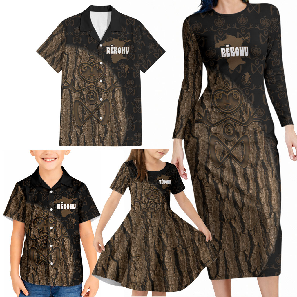 Moriori Kekoru New Zealand Personalised Family Matching Long Sleeve Bodycon Dress and Hawaiian Shirt Kopi Rakau Carving Chatham Islands Map LT14 - Polynesian Pride
