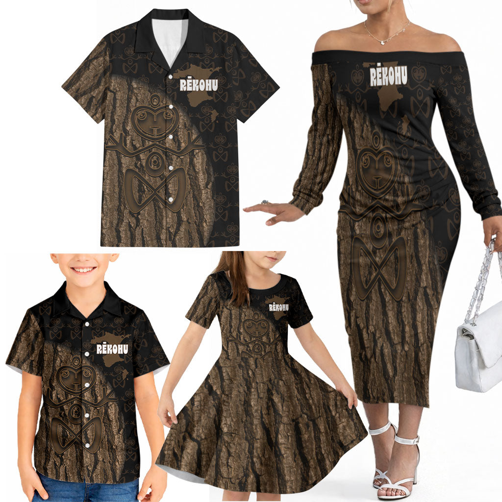 Moriori Kekoru New Zealand Personalised Family Matching Off The Shoulder Long Sleeve Dress and Hawaiian Shirt Kopi Rakau Carving Chatham Islands Map LT14 - Polynesian Pride