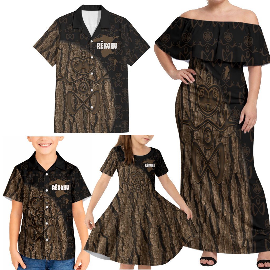 Moriori Kekoru New Zealand Personalised Family Matching Off Shoulder Maxi Dress and Hawaiian Shirt Kopi Rakau Carving Chatham Islands Map LT14 - Polynesian Pride