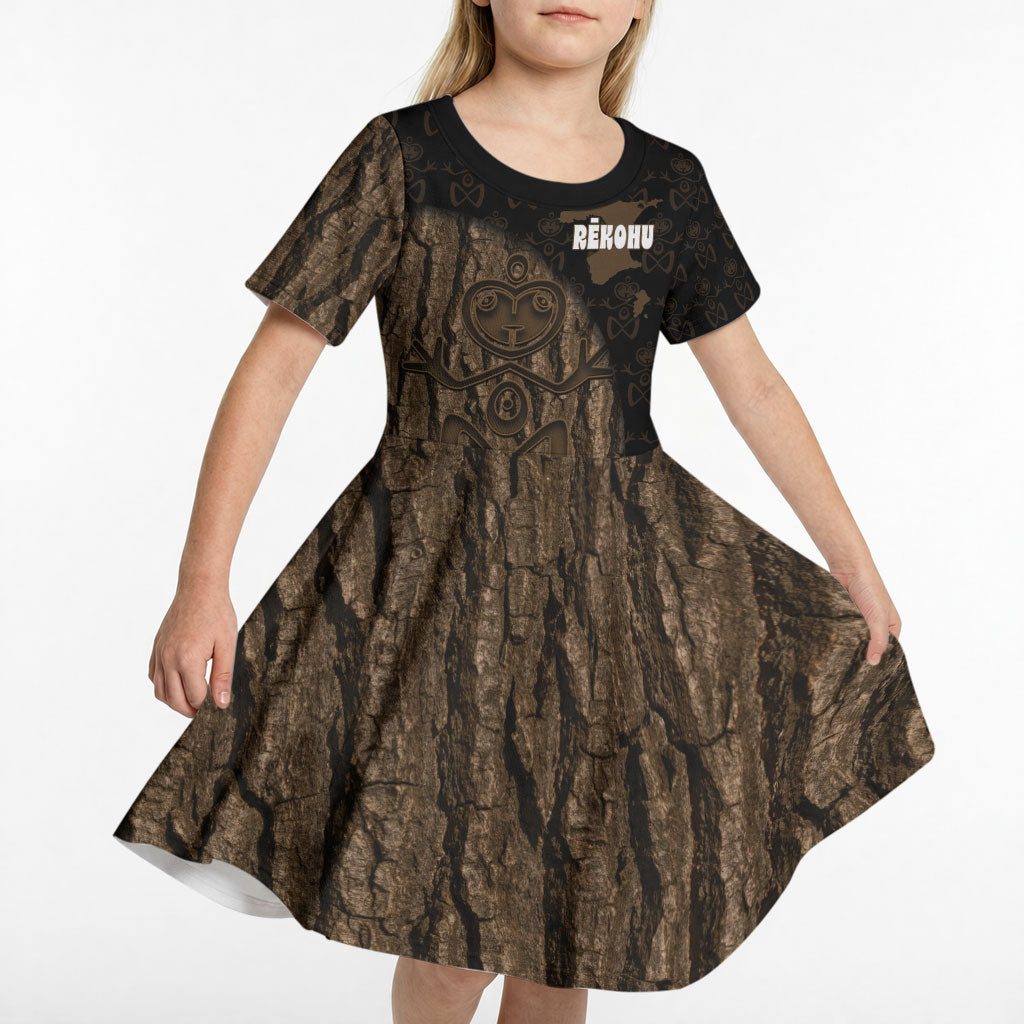 Moriori Kekoru New Zealand Personalised Kid Short Sleeve Dress Kopi Rakau Carving Chatham Islands Map LT14 - Polynesian Pride