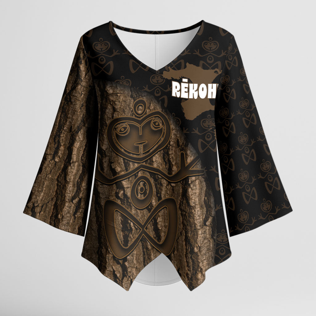 Moriori Kekoru New Zealand Personalised Kimono Sleeve Blouse Kopi Rakau Carving Chatham Islands Map LT14 Female Black - Polynesian Pride