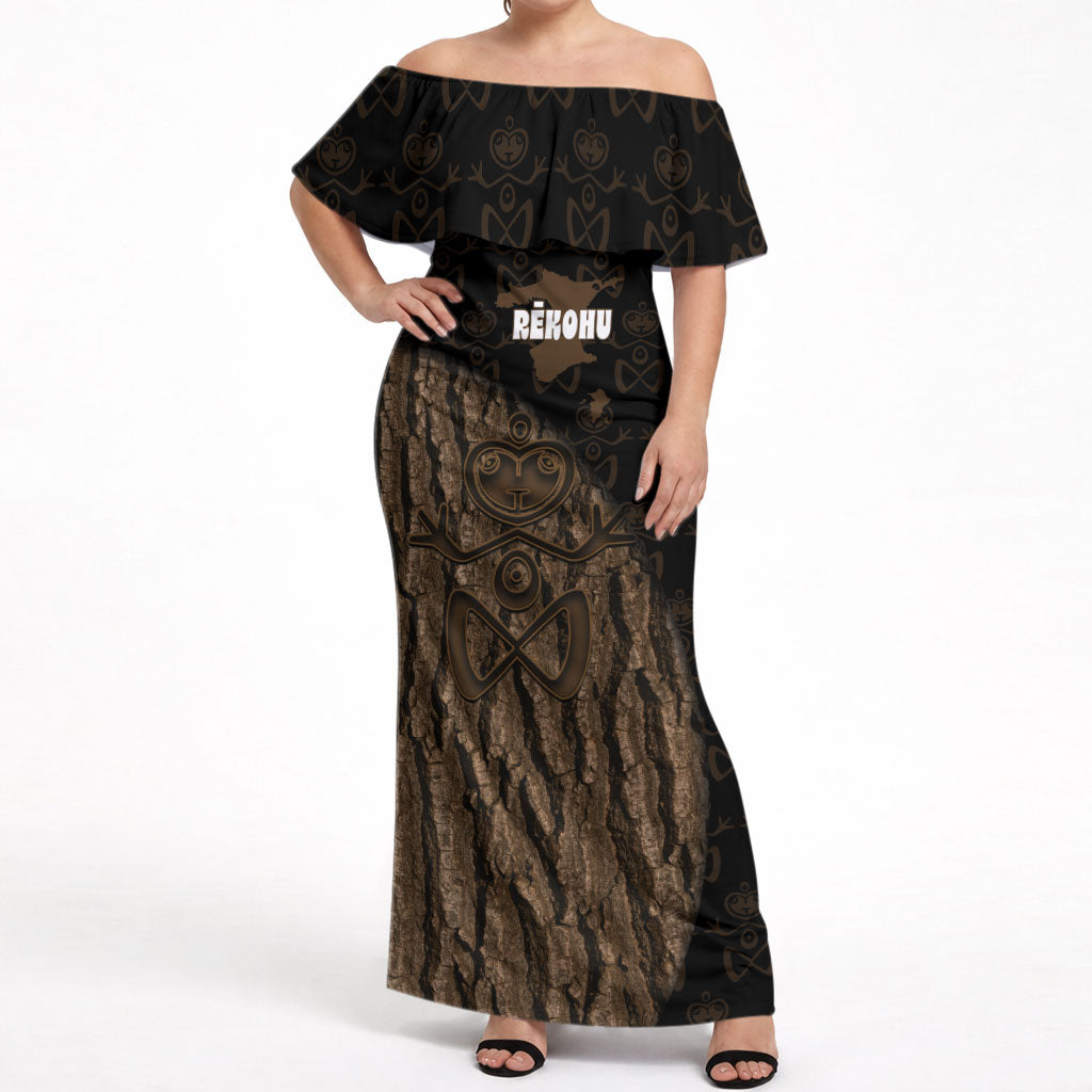Moriori Kekoru New Zealand Personalised Off Shoulder Maxi Dress Kopi Rakau Carving Chatham Islands Map LT14 Women Black - Polynesian Pride