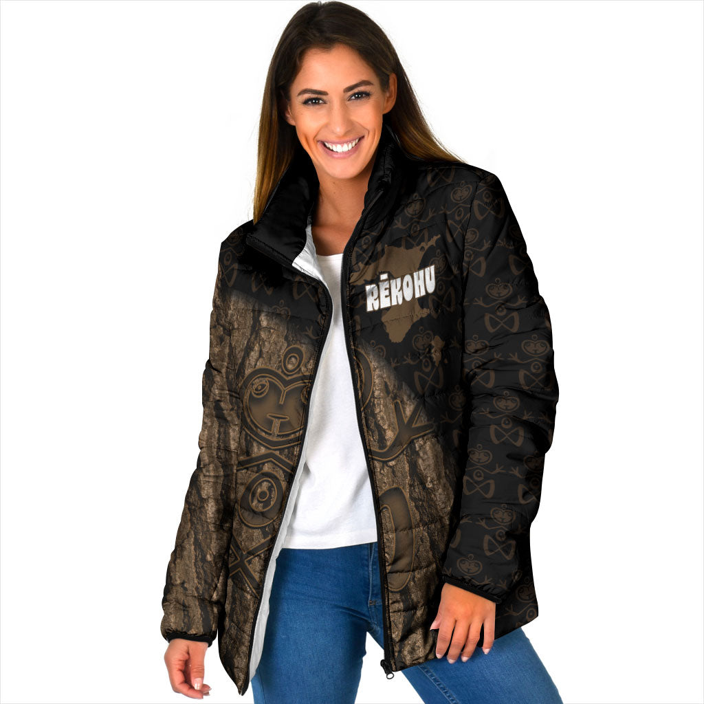 Moriori Kekoru New Zealand Personalised Padded Jacket Kopi Rakau Carving Chatham Islands Map LT14 Women Black - Polynesian Pride