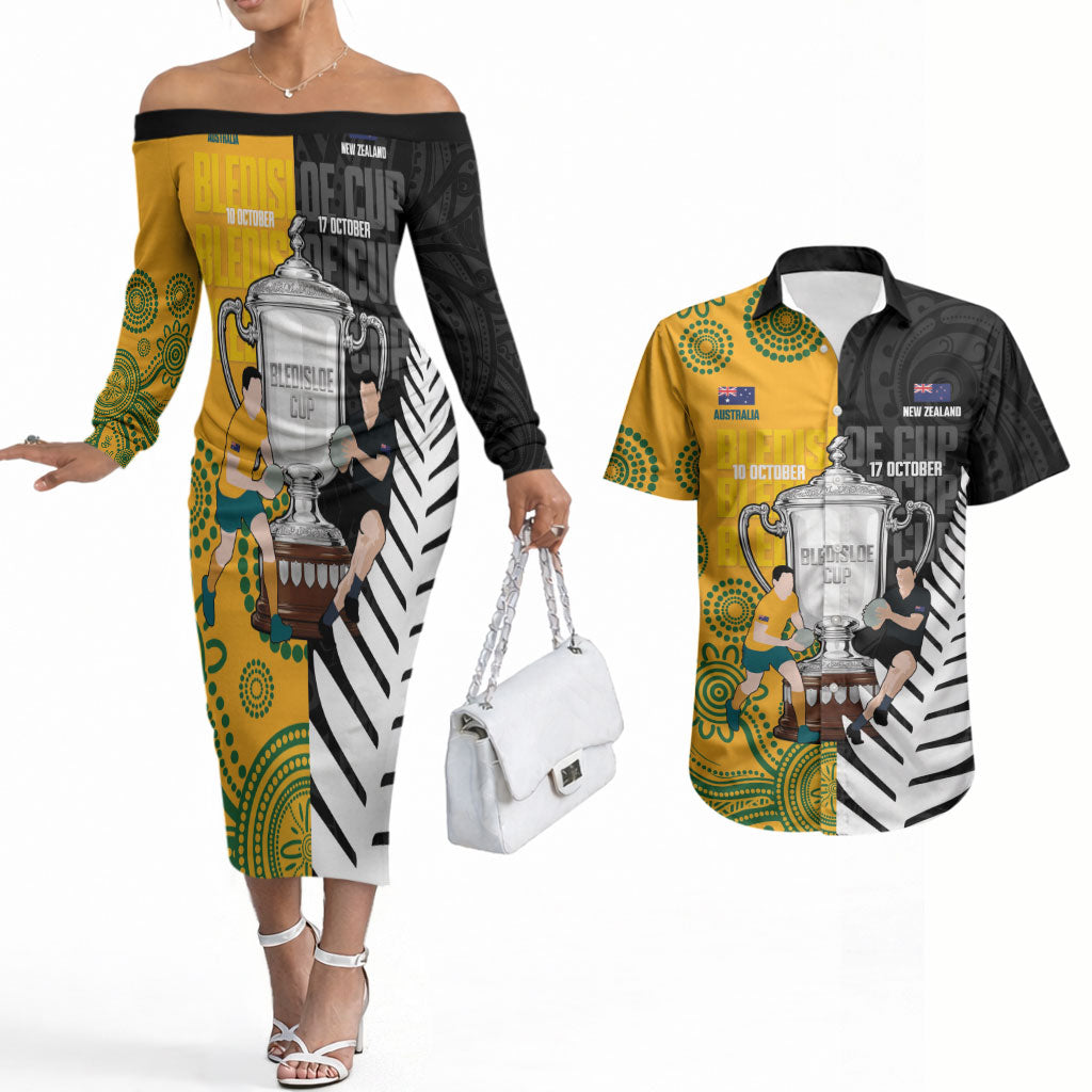New Zealand Australia Rugby Bledisloe 2026 Custom Couples Matching Off The Shoulder Long Sleeve Dress and Hawaiian Shirt Champion Trophy Maori Aboriginal Art