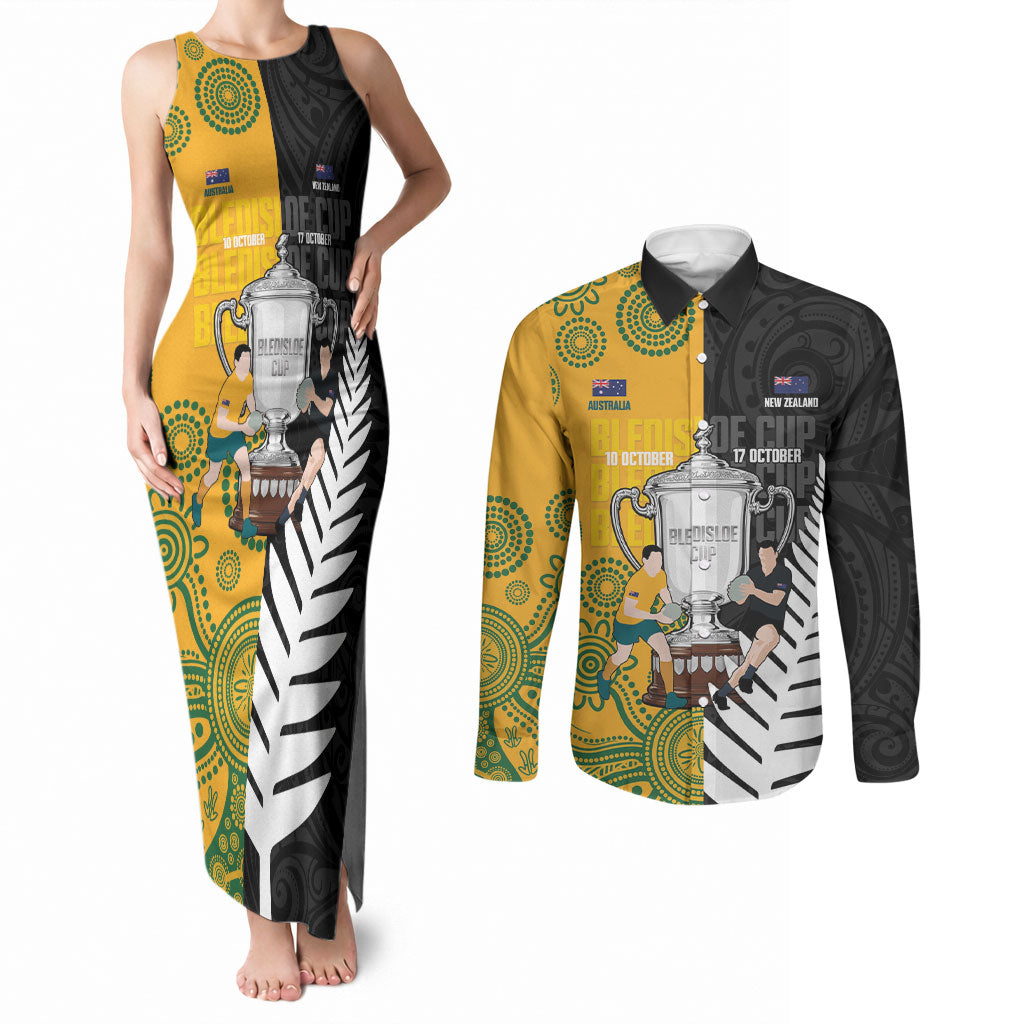 New Zealand Australia Rugby Bledisloe 2026 Custom Couples Matching Tank Maxi Dress and Long Sleeve Button Shirt Champion Trophy Maori Aboriginal Art LT14 Multicolor - Polynesian Pride